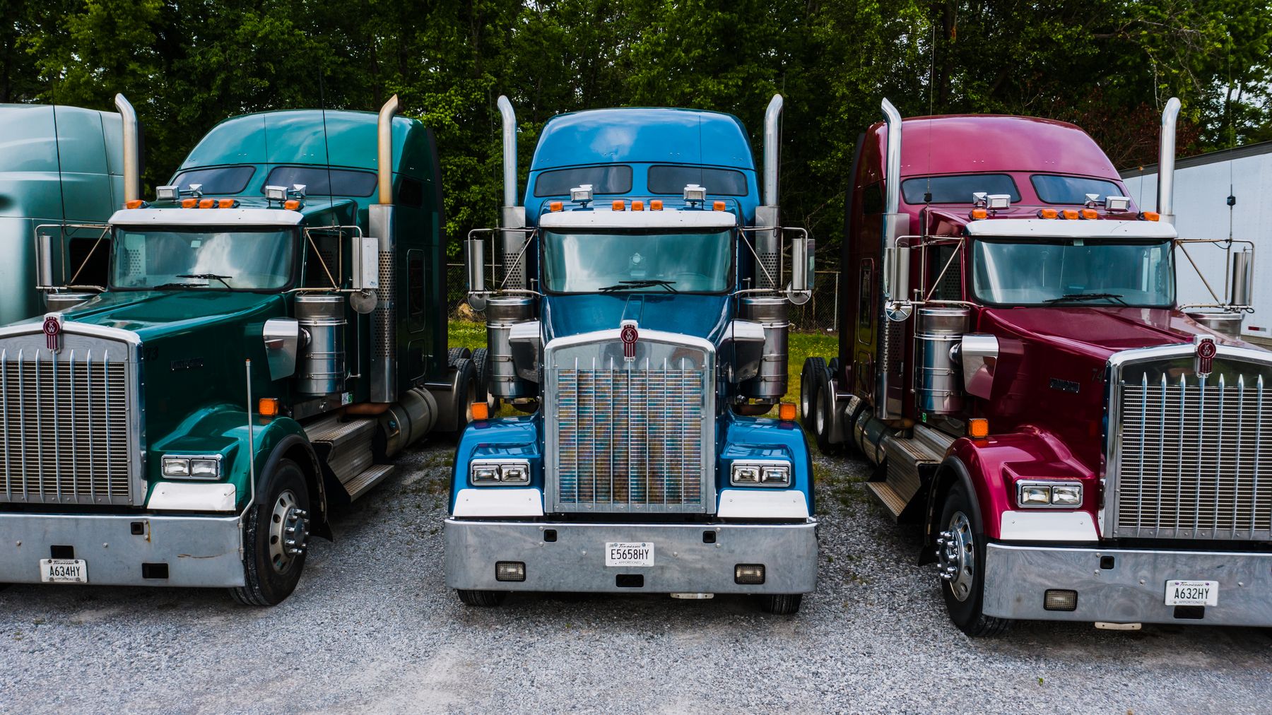 American freight trucks parked in front of green trees